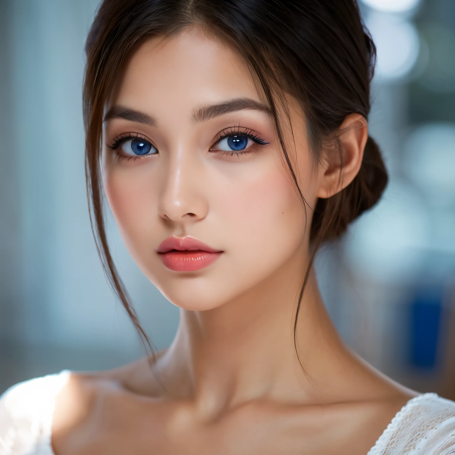 Mujer asombrosamente hermosa, joven, albina, ojos azules, heart shaped lips, rojos