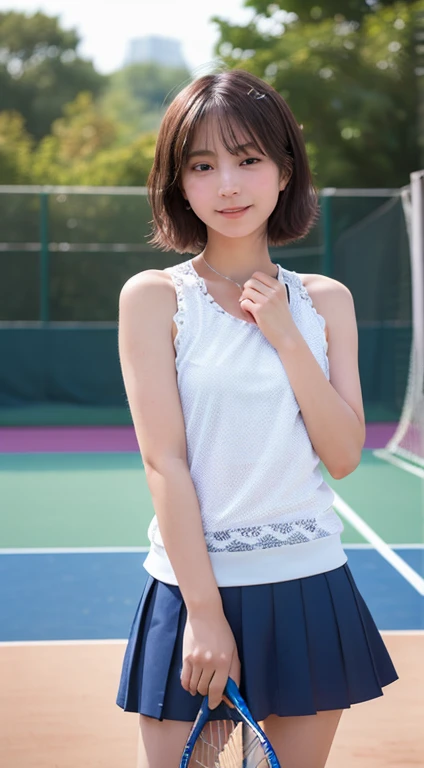 ((((Whole body 1.4)))),Body facing the viewer、Small breasts、Are standing,highest quality, 8k, 15-year-old student, Teen, RAW Photos, Absurd, Award-winning portraits, mouth, alone, night, neon, Idol'Face, Viola Lace, Gardenia, Delicate girl, Digital single-lens reflex camera, Looking at the audience, Frank, Sophisticated, Zola々right, Thin arms, Professional Lighting, Film Grain, chromatic aberration, (Eye and facial details:1.0), (Bokeh:1.1) , ,short hair、Tennis player costume,mini skirt、White panties,Panty Shot、Large skin area,Bare legs,Cute Girl's Room