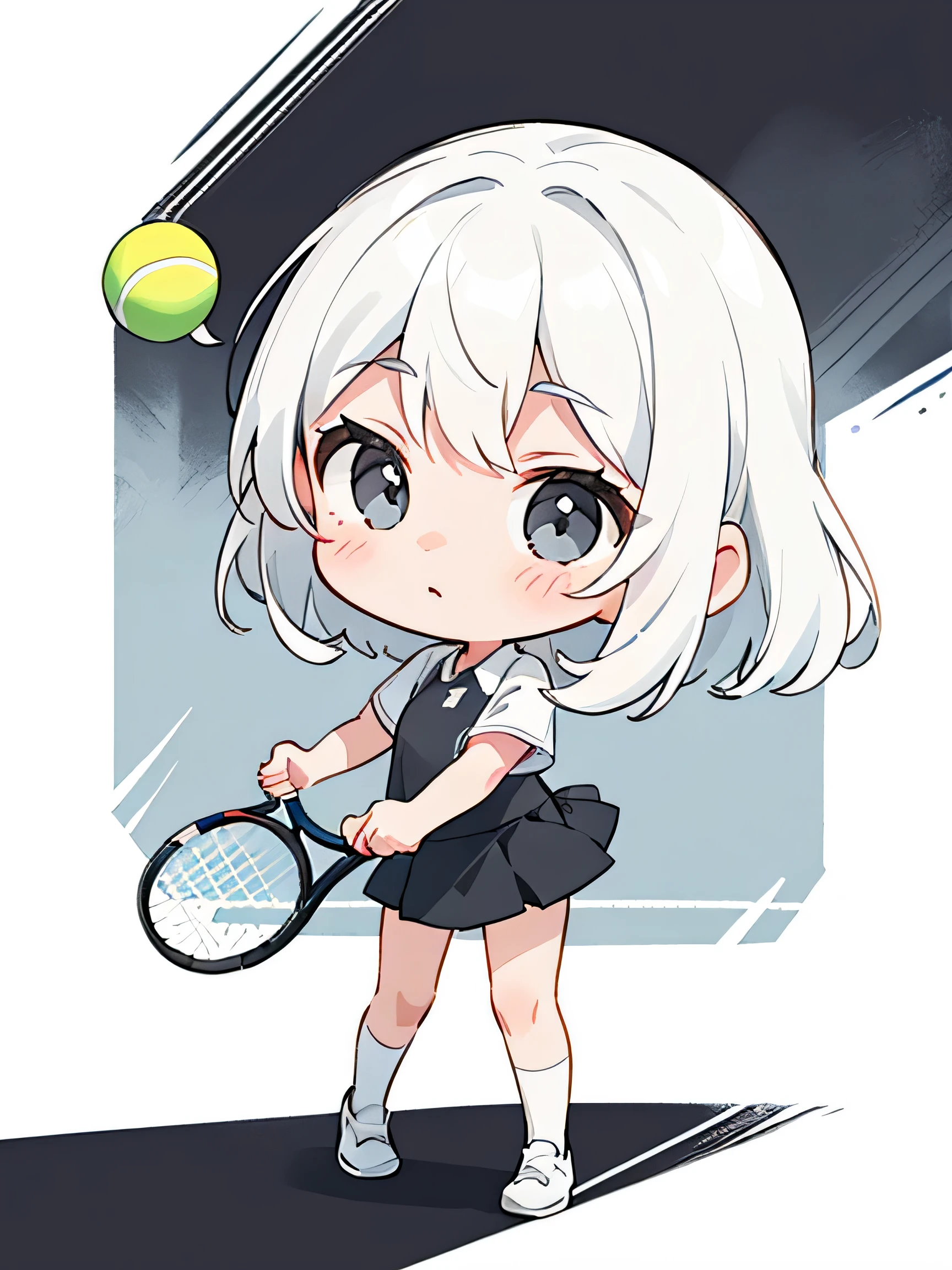 ((Black and white picture)) ((girl playing tennis)) Kawaii Design, The Most Beautiful Girl in the World, chibi, White hair, a lot of details