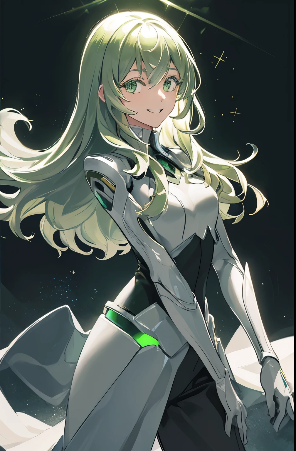 ultra detailed, masterpiece, best quality, solo, cowboy shot, facing viewer,girl, wavy long green hair, wearing a gray tech armor suit beneath an tailcoat, green eyes, happy expression, receptive, using a device on her arm that emits a green light