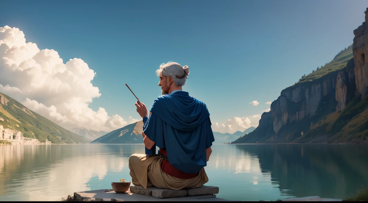 Greek philosopher Seneca observing a calm lake