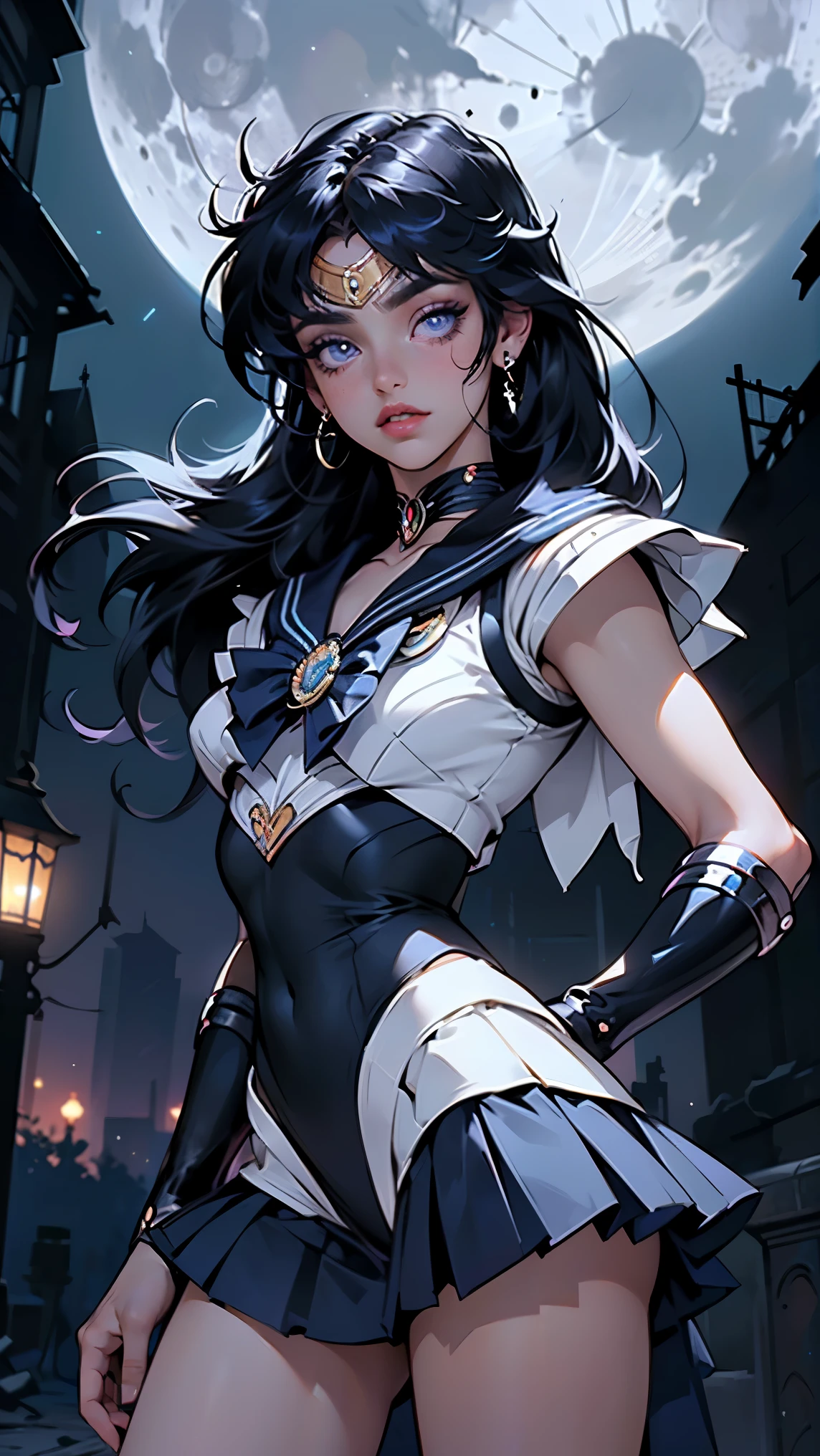 (La mejor calidad,A high resolution,Ultra - detallado,actual),Ariana Grande es sailor moon Luna,top ajustados rotos,(miniskirt white roto),,(Fondo de ruinas de mazmorra en ruinas:1.4 ), (background city apocalyptic building destroyed), More detailed 8K.motor irreal:1.4,UHD,La mejor calidad:1.4, fotorrealista:1.4, textura de la piel:1.4, obra maestra:1.8,obra-prima, mejor calidad,objeto Objeto], (detailed face features:1.3),(Las proporciones correctas),(Ojos hermosos azules),  (pose vaquero), (vestuario colegiala sexy white sailor moon luna:1.4), (cabello white canoso:1.4), (sailor moon luna:1.4), ,( ciberpunk 2.1), (sailor moon luna V2.1), (Detalles de la cara: 1.5, ojos azules brillantes, hermoso rostro, ojos bonitos, Contorno del iris, labios delgados: 1.5, Thin, sharp pale eyebrows, Long, dark eyelashes, double tabs),(colores brillantes),( Small LED:1.4) 