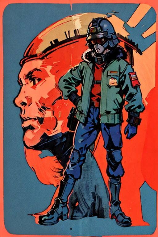 full body image, (ultra detailed,ultra high res,detailed background),((2D)),((flat color)),((muted color)), 1solo, looking at viewer, baggy flight suit, large fur collared bomber jacket, (big red galoshes), plush collar, full body image, square helmet, ((smokey blue background)), ((apocalyptic city)), entire body in frame,