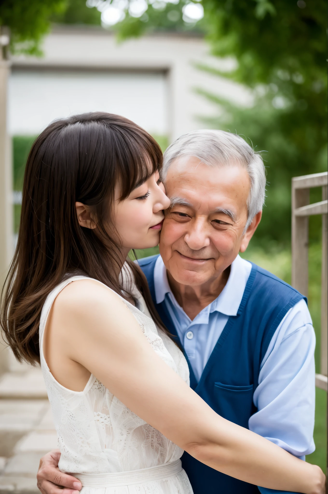 masterpiece、超High resolution、She is a very cute and young Japanese girl, like an idol.、Gentle and cute、A kind smile Large bust Just two people,Old man hugging his daughter-in-law,Face to face,kiss、RAW Photos、Genuine、High resolution、Life、No copyright notice