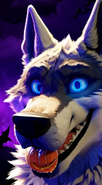 Death Wolf with completely glowing blue eyes without irises or pupils, tongue out, (halloween special) 4D ULTRA HD 8K