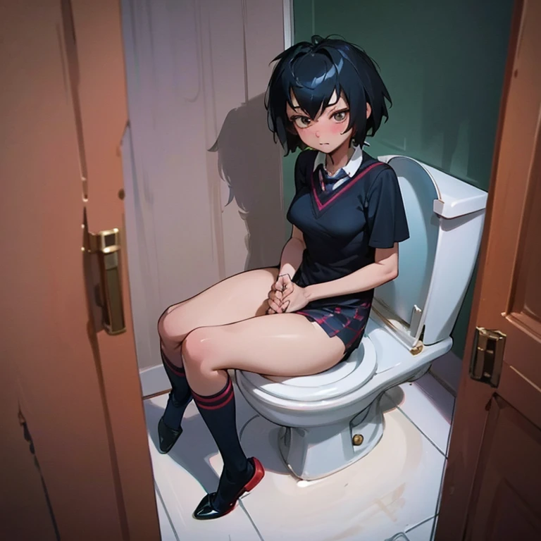 (masterpiece), Best quality, expressive eyes, perfect face,skirt, peniparker, we are sitting, feet on the ground, hands between legs, both hands between legs, adult, big breasts, nice breasts, sexy hips, sitting on the toilet, poops, diarrhoea
