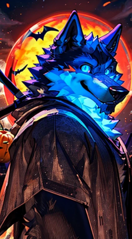 Death Wolf with completely glowing blue eyes without irises or pupils, tongue out, (halloween special) 4D ULTRA HD 8K