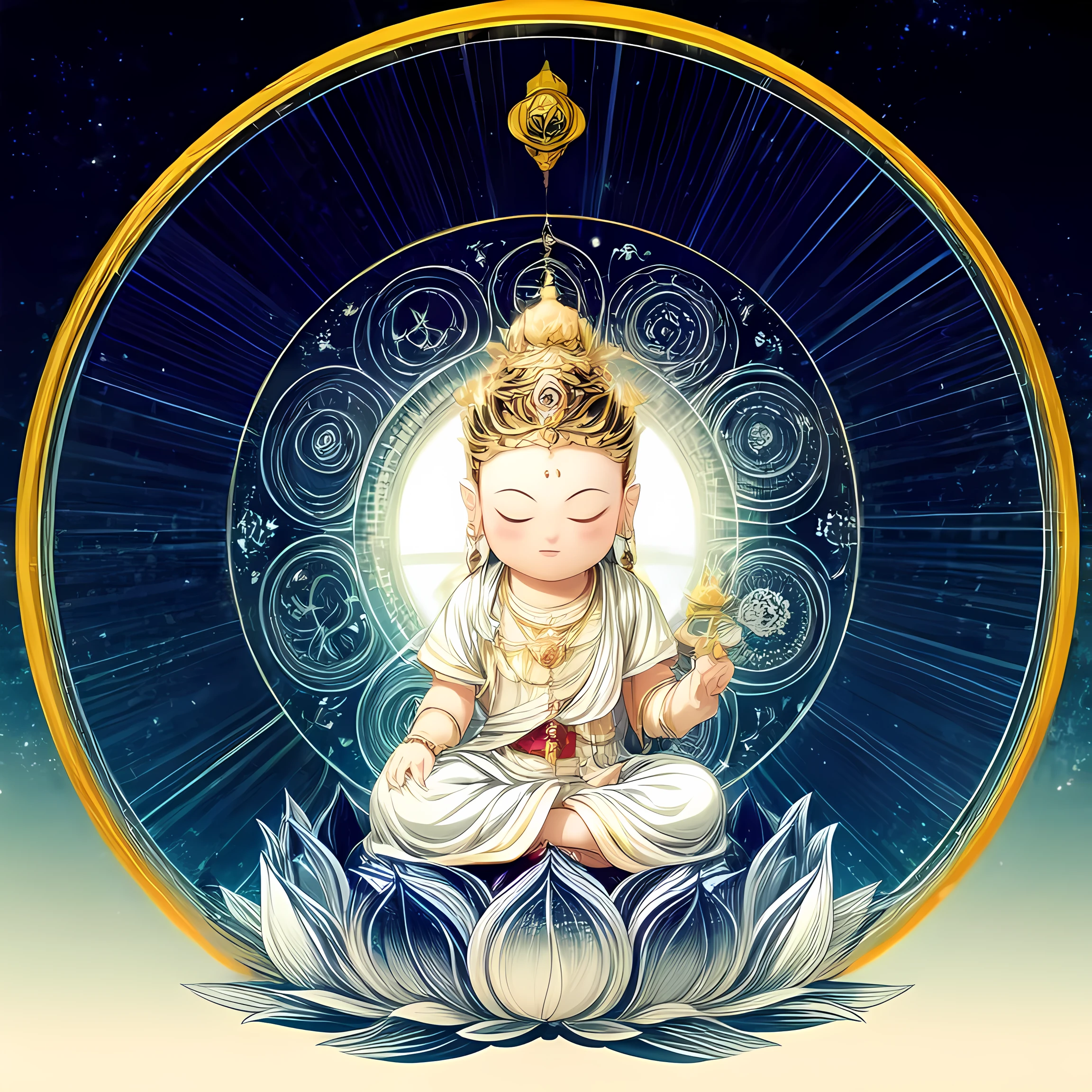 ((mantra and pusa,1boy)),blue theme,cloud,stars,starry sky,rainbow,night,sun,crown,necklace,circle,sitting on lotus,(white flower,white lotus),jewelry,bracelet,crescent moon,earrings,magic circle,flower,bird,clock,holding flower,