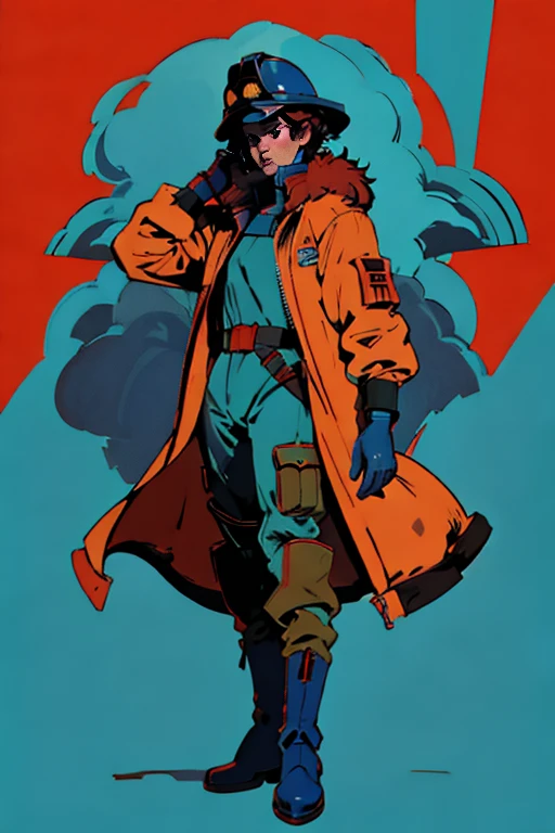 full body image, (ultra detailed,ultra high res,detailed background),((2D)),((flat color)),((muted color)), 1solo, looking at viewer, baggy flight suit, large fur collared bomber jacket, (big red galoshes), plush collar, full body image, square helmet, ((smokey blue background)), ((apocalyptic city)), entire body in frame,