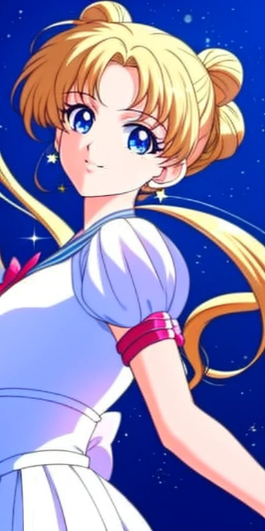 (extremely delicate and beautiful: 1.2), 1girl, bangs, blue eyes, blur, blur background, bow, brown hair, shut up, side view, hair between eyes, hair bow, lantern, light particles, long sleeves, look looking at audience, medium hair, night, red bow, solo, stars(symbol), upper body, smile, red lips