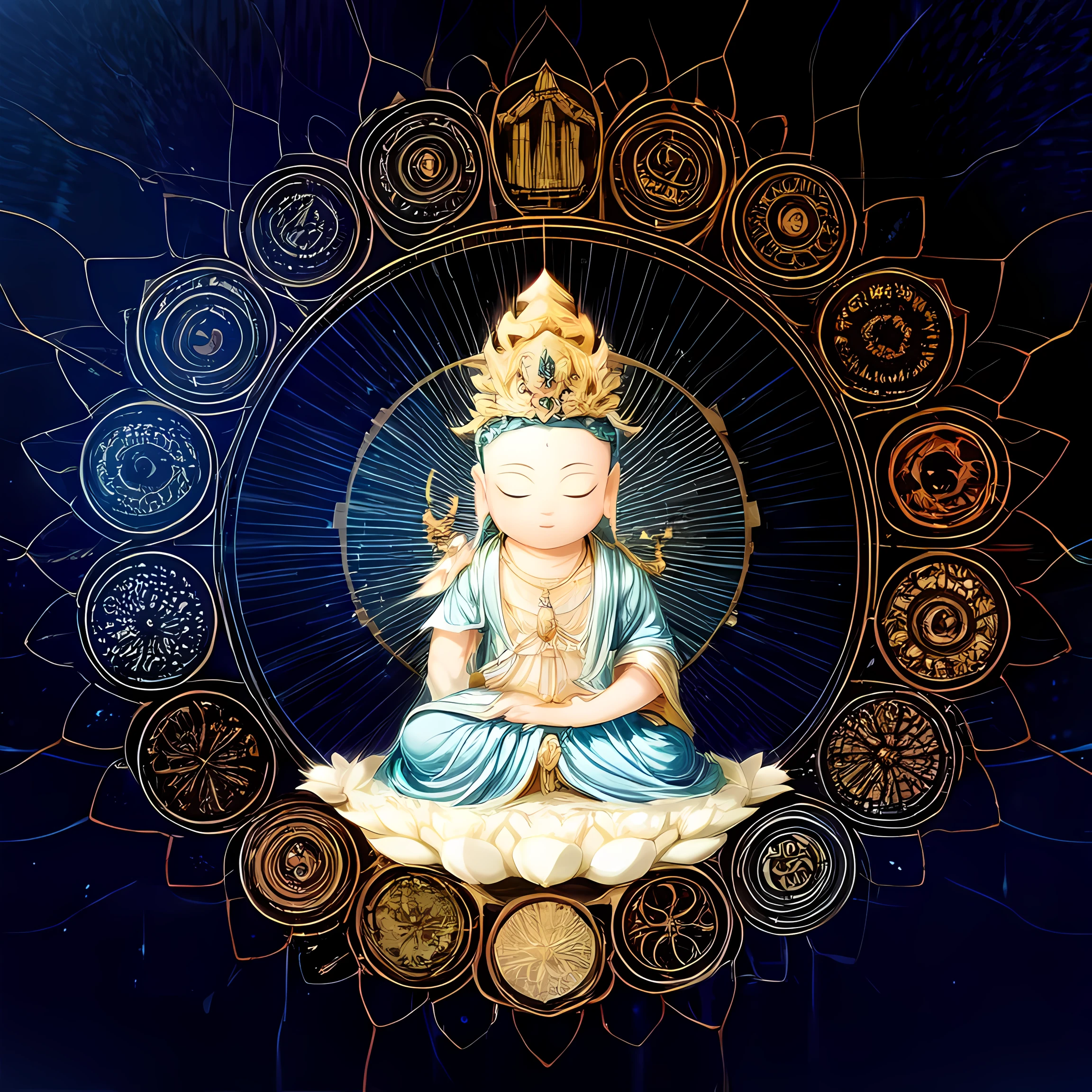 ((mantra and pusa,1boy)),blue theme,cloud,stars,starry sky,rainbow,night,sun,crown,necklace,circle,sitting on lotus,(white flower,white lotus),jewelry,bracelet,crescent moon,earrings,magic circle,flower,bird,clock,holding flower,