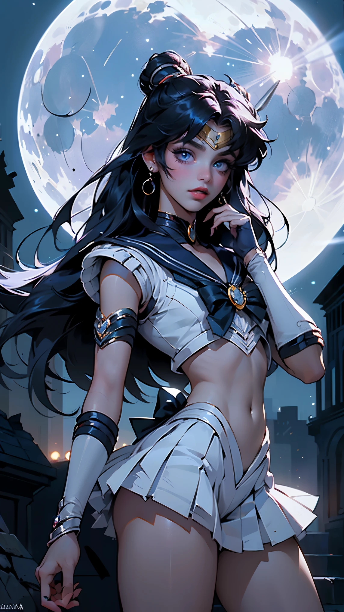 (La mejor calidad,A high resolution,Ultra - detallado,actual),Ariana Grande es sailor moon Luna,top ajustados rotos,(miniskirt white roto),,(Fondo de ruinas de mazmorra en ruinas:1.4 ), (background city apocalyptic building destroyed), More detailed 8K.motor irreal:1.4,UHD,La mejor calidad:1.4, fotorrealista:1.4, textura de la piel:1.4, obra maestra:1.8,obra-prima, mejor calidad,objeto Objeto], (detailed face features:1.3),(Las proporciones correctas),(Ojos hermosos azules),  (pose vaquero), (vestuario colegiala sexy white sailor moon luna:1.4), (cabello white canoso:1.4), (sailor moon luna:1.4), ,( ciberpunk 2.1), (sailor moon luna V2.1), (Detalles de la cara: 1.5, ojos azules brillantes, hermoso rostro, ojos bonitos, Contorno del iris, labios delgados: 1.5, Thin, sharp pale eyebrows, Long, dark eyelashes, double tabs),(colores brillantes),( Small LED:1.4) 