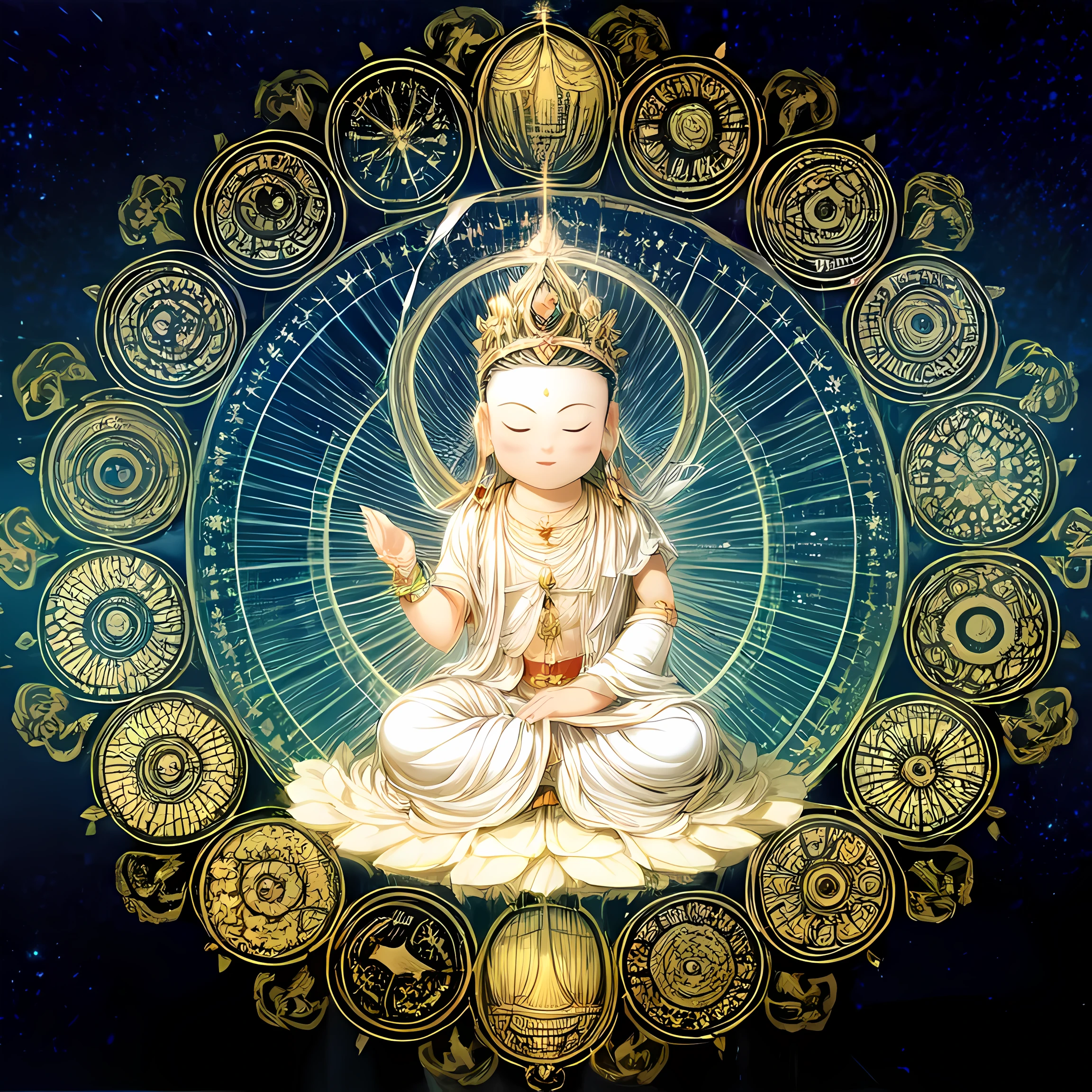 ((mantra and pusa,1boy)),blue theme,cloud,stars,starry sky,rainbow,night,sun,crown,necklace,circle,sitting on lotus,(white flower,white lotus),jewelry,bracelet,crescent moon,earrings,magic circle,flower,bird,clock,holding flower,