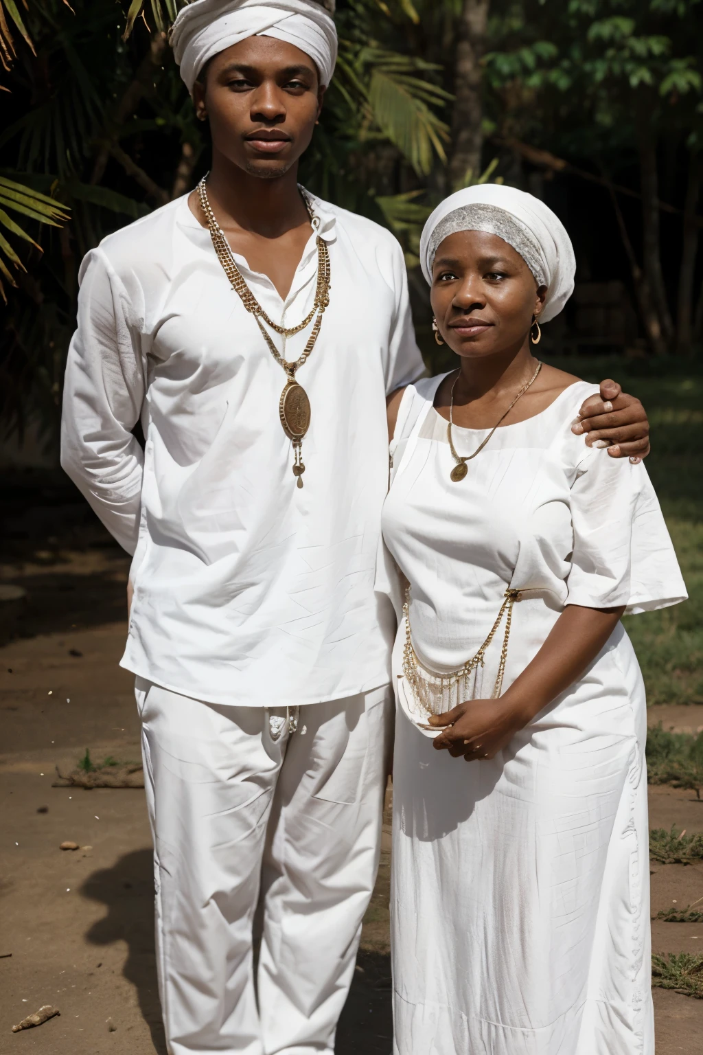 young white boy, with pants and white shirt, with old black grandmother in white dress with necklaces and turban on her head, outdoors, African drum nearby in the scene