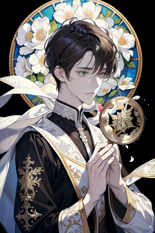 (absurdres, highres, ultra detailed), 1 male, handsome, detailed eyes, detailed face, wavy brown hair, short hair, solo, tall, full body, white clothes, ornate clothes, upper body, magic effect, detailed background, detailed face, cathedral, stained glass, flower petals divine aura, hands folded in prayer