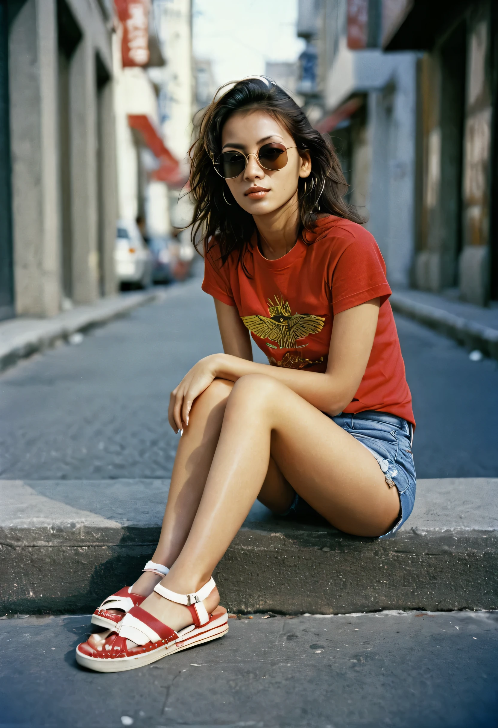 Yoko, attractive female model, slim, 
Dressed in t-shirt and jean shorts, sitting on a city sidewalk, red bandans, aviator sunglasses,
photograph by Steve McCurry using Nikon FM2 camera and Nikkor 105mm Ai-S F2.5 lens using Kodachrome 64, professional photoshoot, national geographic photo,