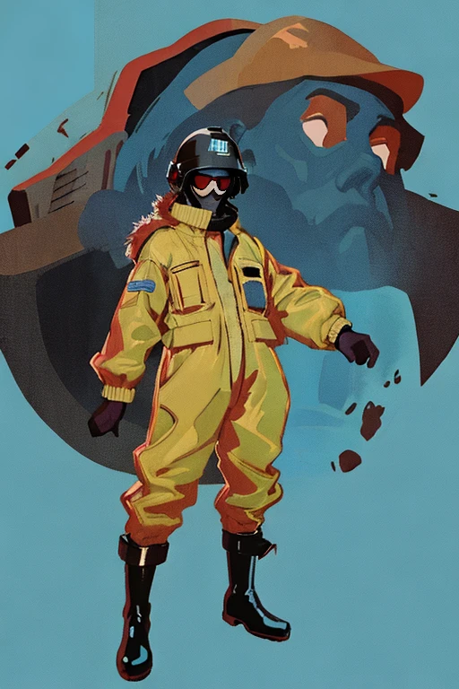 full body image, (ultra detailed,ultra high res,detailed background),((2D)),((flat color)),((muted color)), 1solo, looking at viewer, baggy flight suit, large fur collared bomber jacket, (big red galoshes), plush collar, full body image, square helmet, ((smokey blue background)), ((apocalyptic city)), entire body in frame, 