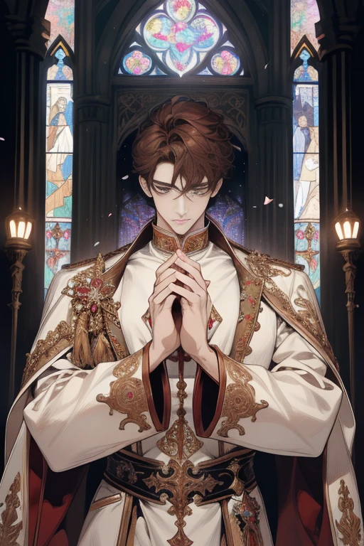 (absurdres, highres, ultra detailed), 1 male, handsome, detailed eyes, detailed face, wavy brown hair, short hair, solo, tall, full body, white clothes, ornate clothes, upper body, magic effect, detailed background, detailed face, cathedral, stained glass, flower petals divine aura, hands folded in prayer