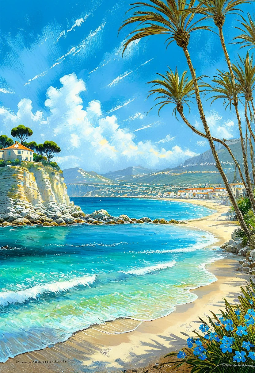 costa azul Francia, paisaje de la costa francesa, make a representative painting of this beautiful tourist landscape, magical, painted by a professional painter in the Manuel Fernández García style modern art, obra maestra, cuadro premiado por su belleza, colores vividos y armoniosos, pinzaladas bien marcadas, 32k