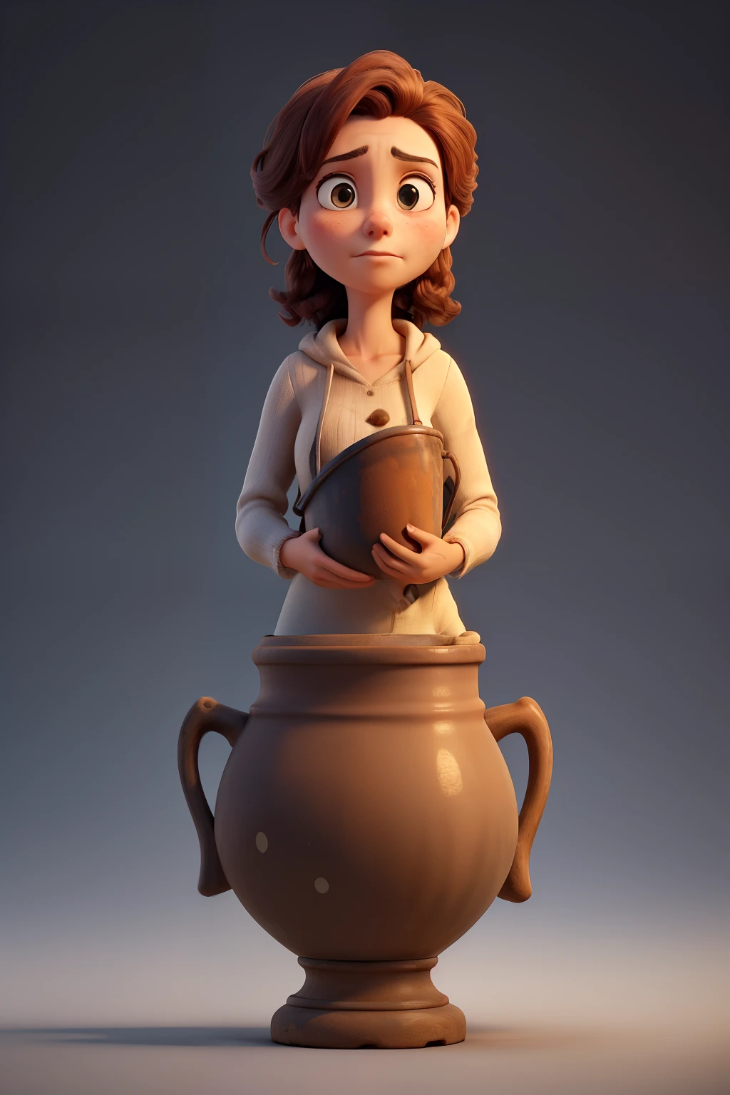 Image of a woman holding a large empty pot and looking into it with a dejected expression