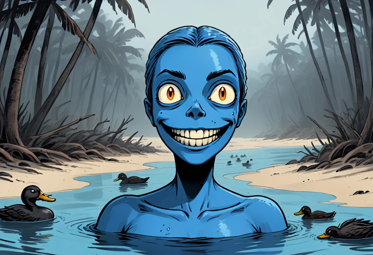 A wordless redraw of the dutch angle cinematic splash page cel shaded overjoyed unhinged webcomic postmeme meme, blue hues, shades of blue, rich blues, ducks on blue sand beach cove, rich color grading of light to dark blues across the sandy shores, unfunny smiles, unsettling, unhinged, creepypasta (candle cove style reference homage) hilarity, strange, hyper maximal, intense, simple, threatening aura water, insatiable danger prowling in shadows, sinister vile terrifying spooky phobia cinematic-horror, overwhelming dread, utterly dreadful, tropical bleak, tropical rot, entropy, rewilding,