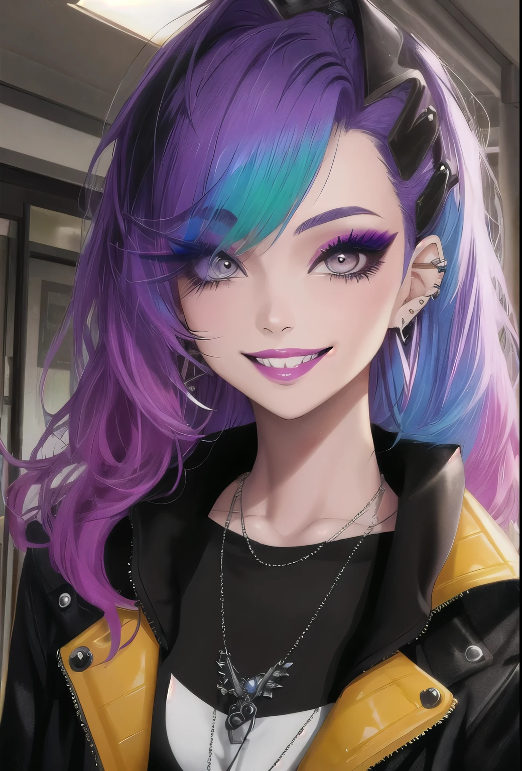 1girl, Holo-Punk Style, rainbow hair, earrings, eyelashes, grin, indoors, jewelry, lips, makeup, necklace, goth, jacket,