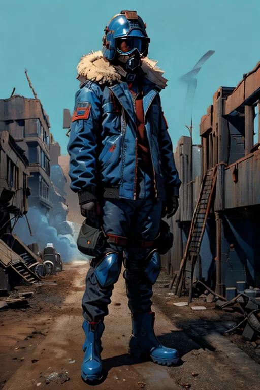 full body image, (ultra detailed,ultra high res,detailed background),((2D)),((flat color)),((muted color)), 1solo, looking at viewer, baggy flight suit, large fur collared bomber jacket, (big red galoshes), plush collar, full body image, square helmet, ((smokey blue background)), ((apocalyptic city)), entire body in frame, 