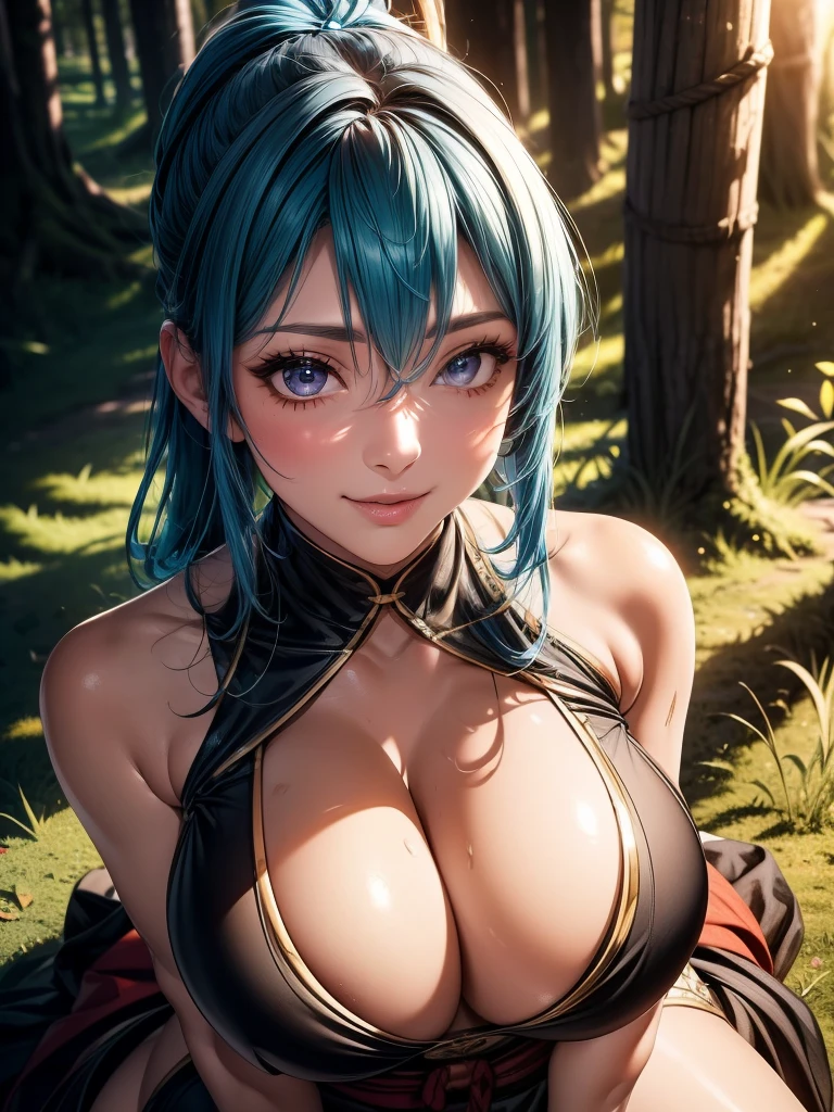 full body portrait,  glamour shot, {{{masterpiece}}}, {{{best quality}}}, {{ultra-detailed}}, {cinematic lighting}, {illustration}, {beautifuly detailed eyes}, {1girl}, extremely detailed, 1girl, solo, flirtatious pose, A beautiful shinobi warrior, blue hair in a long ponytail, wearing gold and blue clothing, warrior, playful smile, purple eyes, huge breasts, cleavage, hourglass figure, facing viewer, outdoors, woodland background, highly detailed face and clothing, slightly narrow eyes, perfect face, fair skin, hair bangs, long hair, noble beautiful, traditional Japanese clothing, shinobi woman, dynamic camera angle, from above and to the side