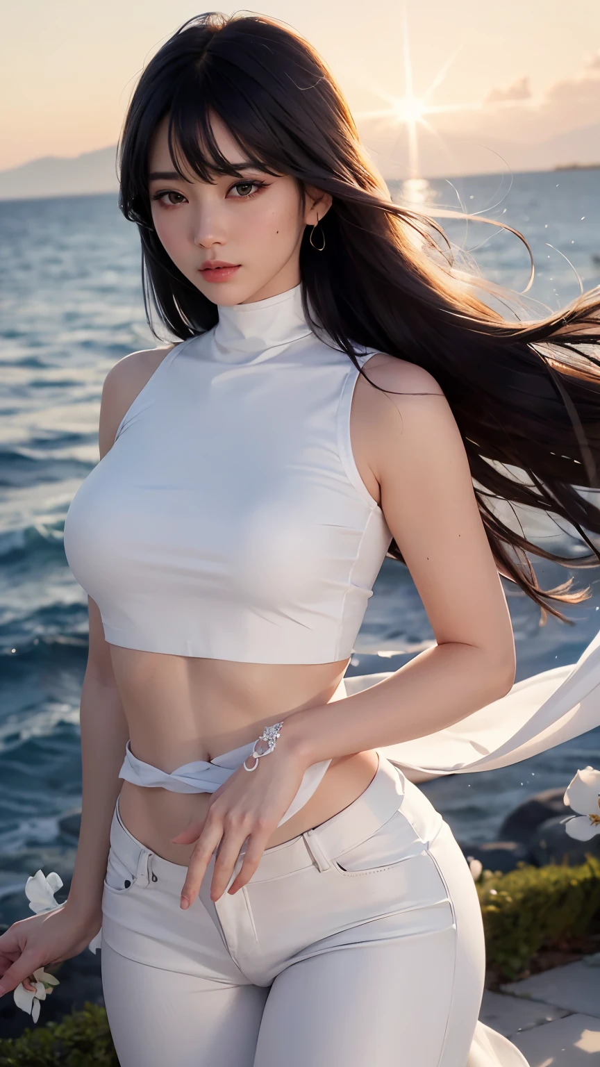 (logo、masterpiece、8k、Tabletop、RAW Photos、wonderful、最high quality、Photorealistic and Very detailed CG integrated 8k wallpaper、high quality、Very detailed、Narrative poem、Particle Effects、Dynamic Effects、Written boundary depth、Cinematic Light、Lens flare、Ray Tracing)、Fantasy、 (One beautiful woman、White Pants、White T-shirt、White tube top、White crop top、Black-haired、Beautiful Face、True Face、Beautiful details、eye、Beautiful Skin、Ultimate Body、glamorous)、私の髪はWindに舞う、Hair flutters in Wind、Hair bounces、Petals fluttering、wonderful scenery、sunrise、Sun in the background、Wind