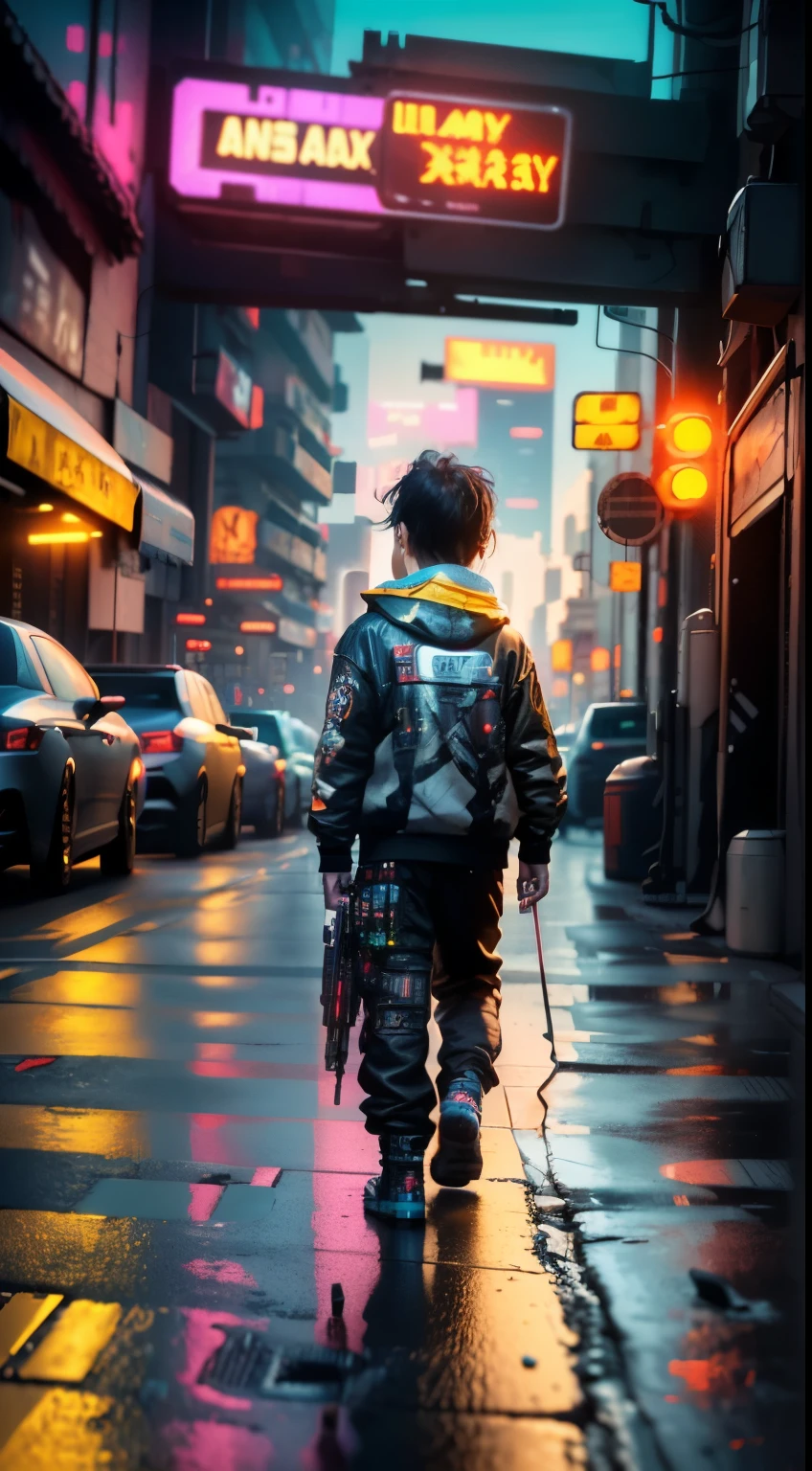 ((Best Quality)), ((Masterpiece)), (Highly Detailed:1.3), 3D, Little Boy, 12 years old, (cyberpunk:1.5), on the street, (holding_weapon:1.3), facing the audience, bright eyes, full body, glowing_eyes, mecha, panorama, f/1.4 lens, cyberpunk background, luminous sign, bokeh background, road, cars, cinematic lights, particles, Reality, HDR (High Dynamic Range), Ray Tracing, NVIDIA RTX, Super Resolution, Unreal 5, Subsurface Scattering, PBR Textures, Post-Processing, Anisotropic Filtering, Depth of Field, Maximum Clarity and Clarity, Multilayer Textures, Albedo and Specular Maps, Surface Shading, Accurate Simulation of Light-Material Interaction, Perfect Proportions, Octane Render, Two-Tone Lighting, Large Aperture, Low ISO, White Balance, Rule of Thirds, 8K RAW, Efficient Sub-Pixel, Sub-pixel Volume Product, (best quality), (Liu Yi Fei: 1.5)