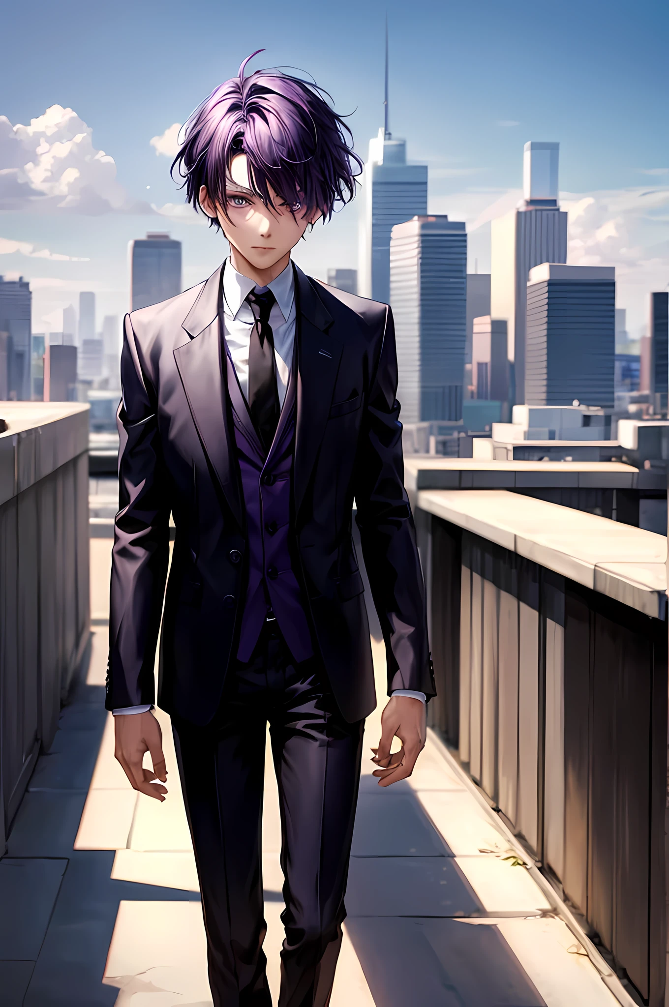 1boy, short purple hair, dark purple eyes, wearing all black suits, on top of a building, high res, ultrasharp, 8k, masterpiece, looking at viewer from behind