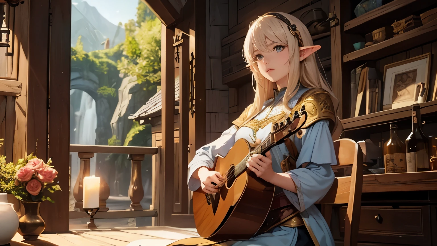 masterpiece, 1 female bard、lute、Narration、elf、sitting in a chair、whole body、tavern、Western fantasy RPG