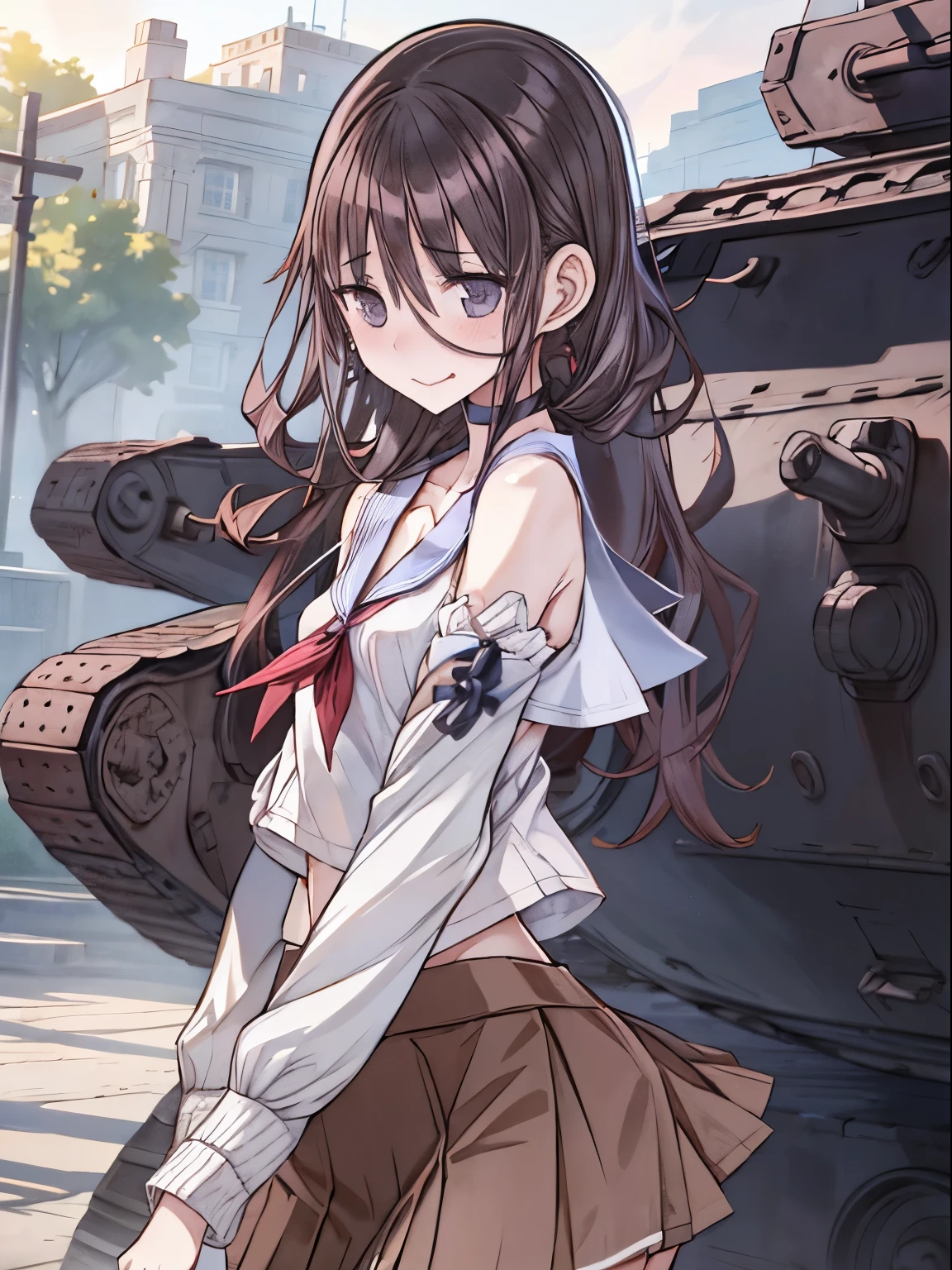 A beautiful girl goes to school in a tank、Girl and Tank、A tank and a girl walking side by side、White sailor 、Upper body close-up、Shy laugh、Tank in the background、Long sleeve、mini skirt、