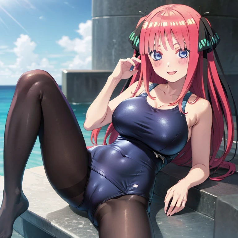 best quality, ultra-detailed masterpiece, anime art style, cute characters, nino nakano, one-piece swimsuit, large breasts, pantyhose, blush, smile, open legs