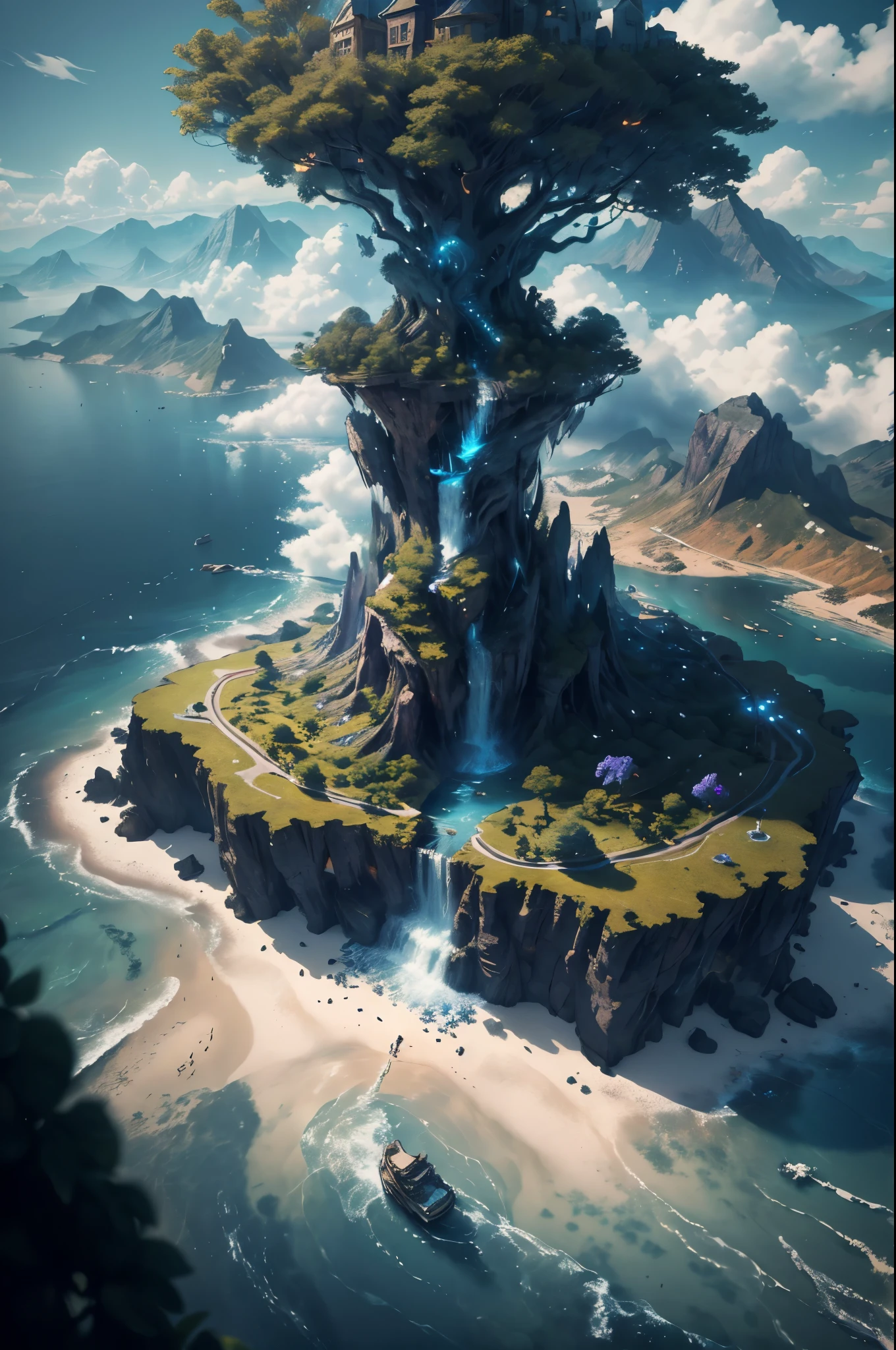 epic photo of blue coast, (aerial view:1.2), masterpiece, best quality, high quality, extremely detailed CG unity 8k wallpaper, outdoors, blue flowers, cloud, day ,no human , mountain, landscape, water, tree, , cliff, nature, ,award winning photography, Bokeh, Depth of Field, HDR, bloom, Chromatic Aberration ,Photorealistic, extremely detailed, trending on art station, trending on CGsociety, Intricate, High Detail, dramatic, art by midjourney