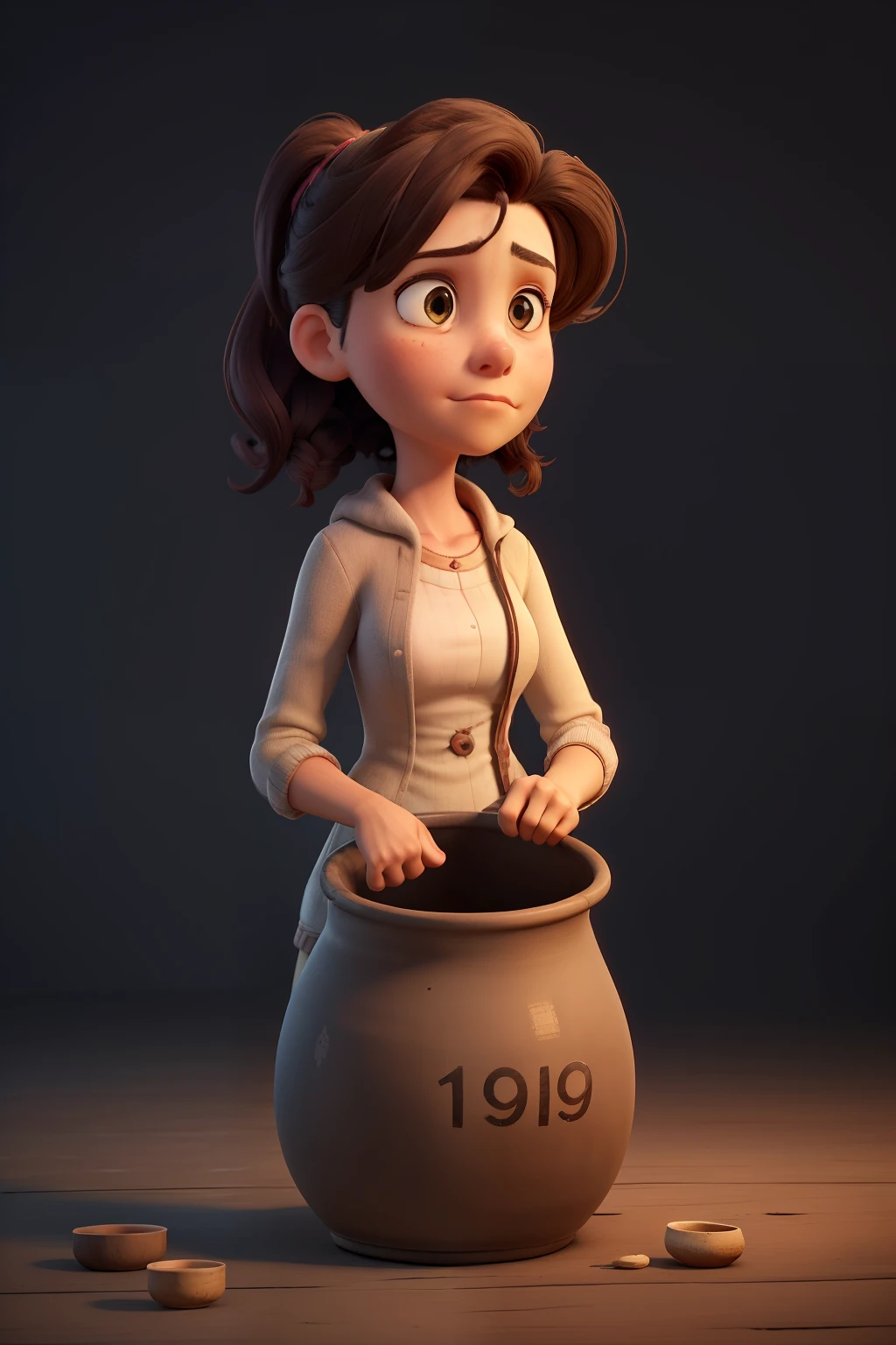 Image of a woman holding a large empty pot and looking into it with a dejected expression