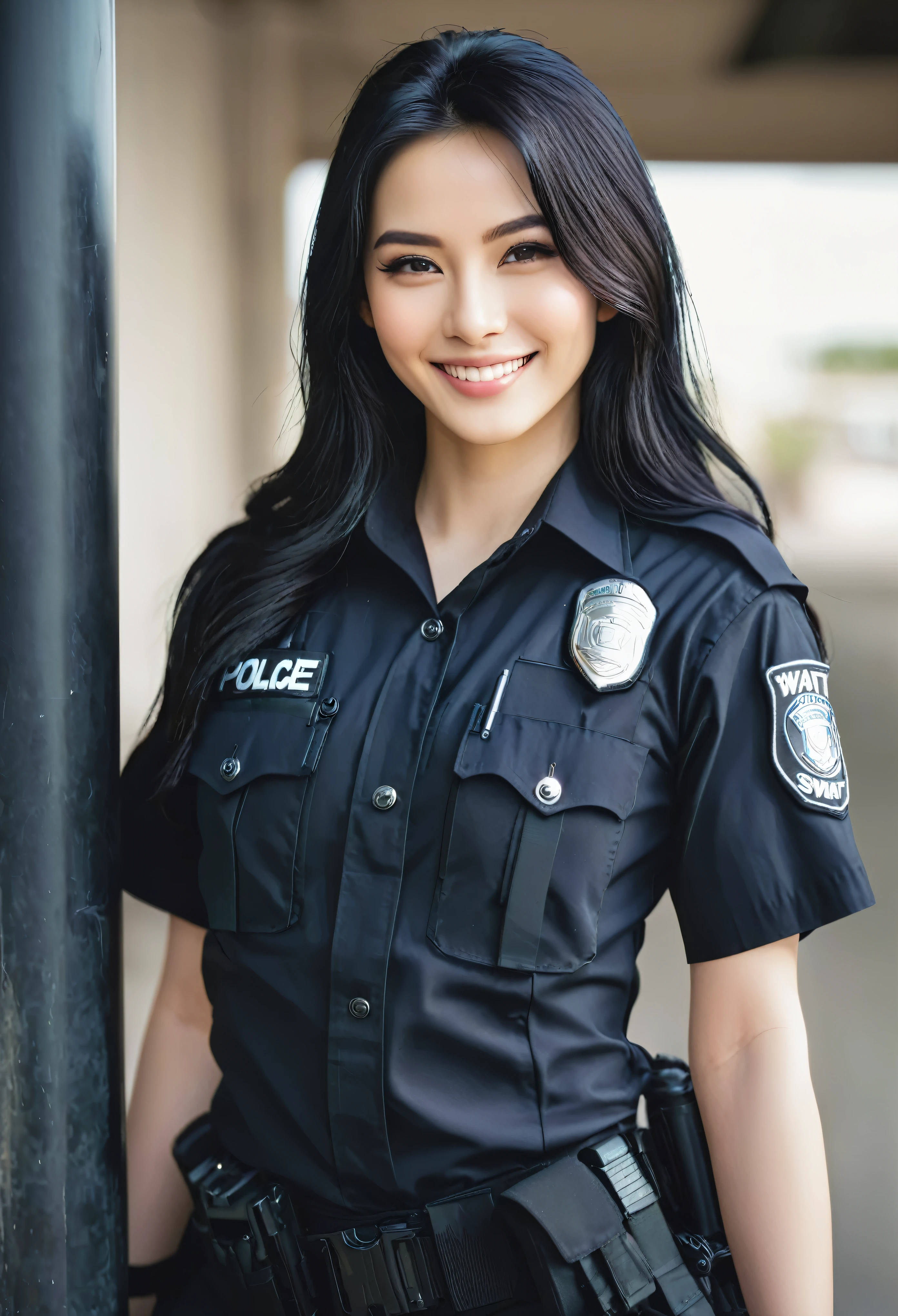 SWAT team, young woman's face, beautiful,A seductive smile,Close-up of the page,Long black hair shone brightly.,Focus on face details,Tall, white skin, good figure ,full body photo(real human)natural realism,black police uniform,High resolution。
