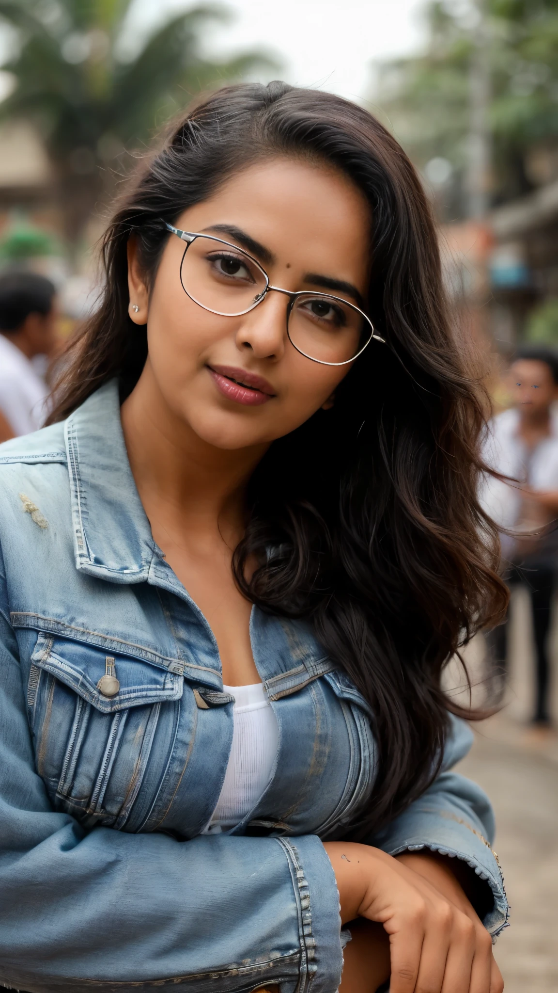 extreme closeup photo of ntg avika gor seductive look, begging crowd for sex on road, bra and denim jacket, sultry, erotic, black nerd glasses,