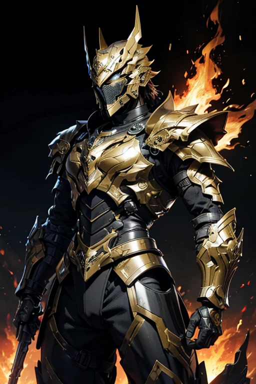 Top Quality Male Machine Warrior,Super macho body、Armor-like appearance、intricate mask,Complex technical exoskeletons,Fully wrapped helmet,Heavy weapons on the back,A sense of the technology of the future,His armor is black with gold trim,Futuristic and technological,the background reflects a battle, flames are blazing.