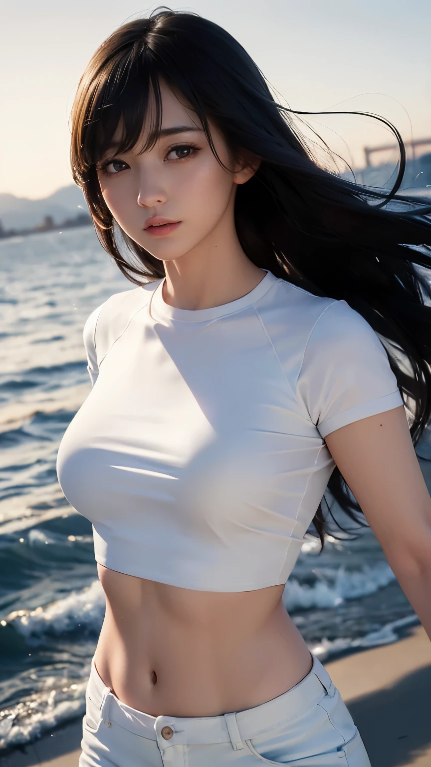 (logo、masterpiece、8k、Tabletop、RAW Photos、wonderful、最high quality、Photorealistic and Very detailed CG integrated 8k wallpaper、high quality、Very detailed、Narrative poem、Particle Effects、Dynamic Effects、Written boundary depth、Cinematic Light、Lens flare、Ray Tracing)、Fantasy、 (One beautiful woman、White pants、White T-shirt、White tube top、White crop top、Black-haired、Beautiful Face、True Face、Beautiful details、eye、Beautiful Skin、Ultimate Body、glamorous)、私の髪はWindに舞う、Hair flutters in Wind、Hair bounces、Seaside、wonderful景色、Coastal、sunrise、Sun in the background、Wind、Beach