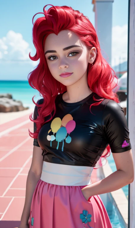 Photo oF a 15 year-old American girl, .CRUDO, beautiFul woman,  ((Cara detallada:1.2)), ((Detailed Facial Features)), (Piel Finamente detallada), pale skin , pecas en mejillas , ojos azules , 、un sexy(color fresco), wet, wet, ReFlectoreasutepiece) (proporciones perFectaotos realistas)(La mejor calidad) (Detallado) FotograFiado con una EOS R5 de Canon, lente de 50 mm, F/2.8, NFFSW, (8K) (papel tapiz) (cinematic lighting) (dramatic lighting) (sharp Focus) (Enrevesado) senos grandes , pechos grandes , pecas en mejillas , cuerpo completo , hermoso cuerpo de adolesente , posando sexy a la camara , posando de Frente para la camara ,lindo maquillaje , gran sonrisa , labios abiertos , Fondo variado , traje de vaquero color negro , outfit lindo , canello rosa esponjoso , mlp , pinkie pie