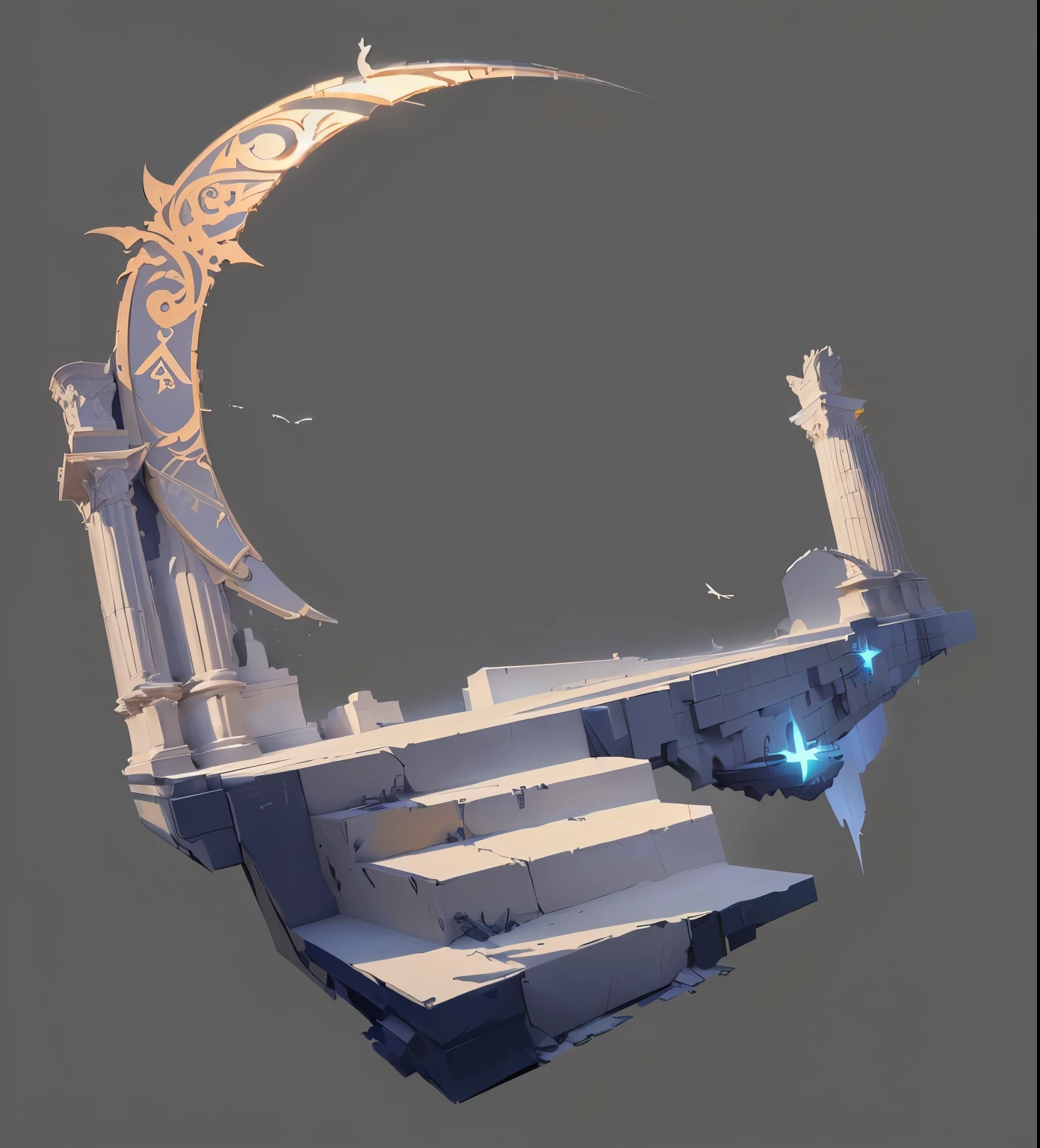 A bird flies over a building with a crescent moon,There are steps below,There are Roman columns on the steps ,painted as a game concept art, stylized concept art, concept artstyle, concept art, concept art, 2d concept art, game concept art, finished concept art, concept artwork, low detail. number, archillect concept art, concept art!, concept art illustration, object concept art