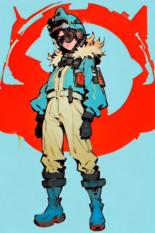 full body image, (ultra detailed,ultra high res,detailed background),((2D)),((flat color)),((muted color)), 1solo, looking at viewer, baggy flight suit, large fur collared bomber jacket, (big red galoshes), plush collar, full body image, square helmet, ((smokey blue background)), ((apocalyptic city)), entire body in frame, 