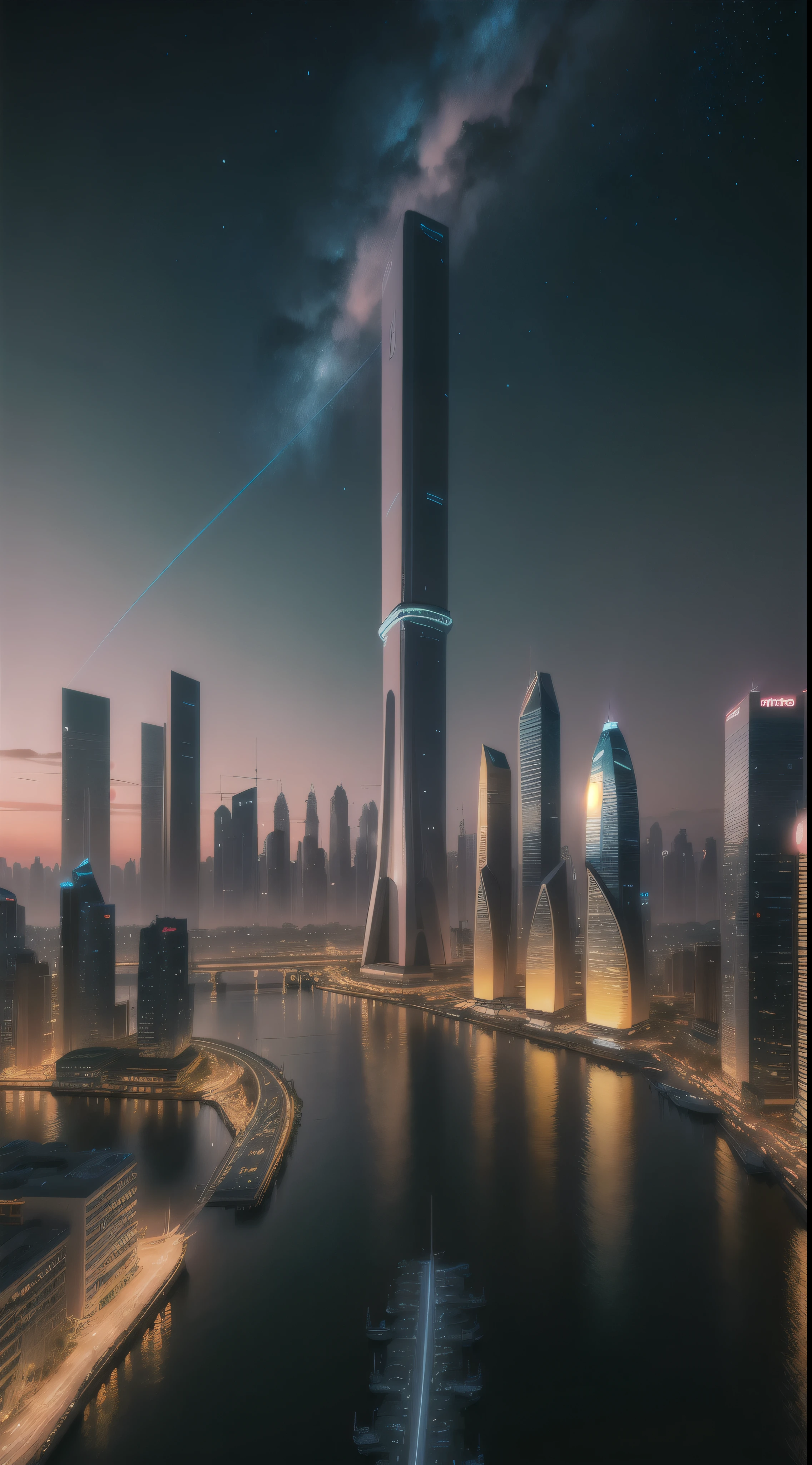 Looking forward to the future urban landscape of Sanjiangkou, Yibin,it's here,Yangtze、The confluence of the Jinsha River and the Min River,Night city lights dancing with stars,Create a romantic and mysterious picture。L-shaped river surface,The perfect reflection of the Sanjiangkou Yangtze Bridge against the sky and water,Showing the combination of nature and modern engineering。The city's skyline is composed of tall CBD buildings.,Flat architecture,Not sharp,These buildings not only look avant-garde,Contains a highly integrated data processing center and digital trading platform,It is the core of digital economic activities。These facilities support various functions of smart cities,As data analysis、Cloud computing and high-speed communications,It embodies a future city driven by technology and digital innovation.。The entire city is not only a showcase for technology and the digital economy,It is also a model of life where people and nature coexist。 Yibin's characteristics Yibin LOGO wide structure in the air, Extra-wide city views, Night view, Starry Sky, Bright tones, Clear Night. beautiful city of the future, Beautiful city view, Technology City Background, Love Porcelain, Against the backdrop of a city. Inspired by Makoto Shinkai'Popular concept art and masterpieces on pixiv, Imagine (Wide-angle lens), Ultra-high resolution (Honesty: 1.4), super high quality, Extremely detailed CG Unity 8K wallpaper, aesthetics, Award-winning photography, A real sensation, High Detail, Wheels within wheels, The art of travel Broad structure, Extra-wide city views, Night view, Starry Sky, Bright tones, Clear Night. beautiful city of the future, Beautiful city view, Technology City Background, Love Porcelain, Against the backdrop of a city. Inspired by Makoto Shinkai'Popular concept art and masterpieces on pixiv, Imagine (Wide-angle lens), Ultra-high resolution (Honesty: 1.4), super high quality, Extremely detailed CG Unity 8K wallpaper, aesthetics, Award-winning photography, A real sensation, High Detail, Wheels within wheels, The art of travel