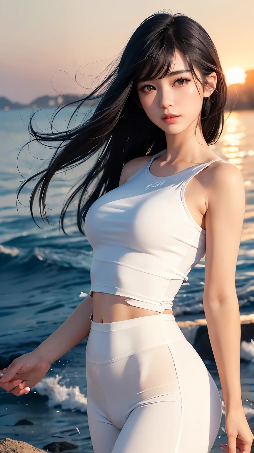 (logo、masterpiece、8k、Tabletop、RAW Photos、wonderful、最high quality、Photorealistic and Very detailed CG integrated 8k wallpaper、high quality、Very detailed、Narrative poem、Particle Effects、Dynamic Effects、Written boundary depth、Cinematic Light、Lens flare、Ray Tracing)、Fantasy、 (One beautiful woman、White Pants、White T-shirt、White tube top、White crop top、Black-haired、Beautiful Face、True Face、Beautiful details、eye、Beautiful Skin、Ultimate Body、glamorous)、私の髪はWindに舞う、Hair flutters in Wind、Hair bounces、Petals fluttering、wonderful scenery、sunrise、Sun in the background、Wind