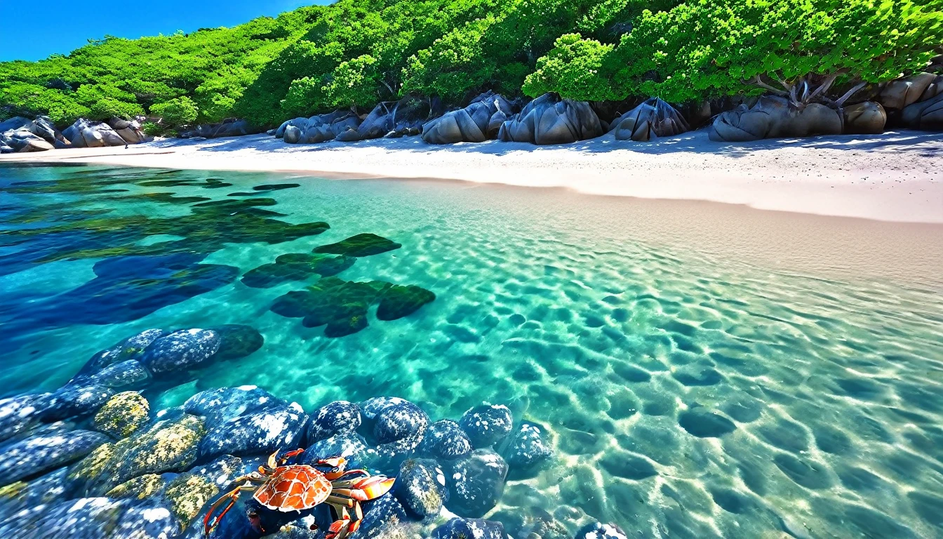 (best quality,highres:1.2),ultra-detailed,(realistic,photorealistic:1.37),jeweled beach,glassy blue gems,blue coast,colorful crab,lovely beach scene,rocky ridges,cove,beach vacation,natural beauty,serene atmosphere,crystal-clear water,soft sand,glistening sunlight,lush vegetation,seashells,refreshing breeze,saltwater scent,sandy dunes,gentle waves,coastal paradise,tropical paradise,secluded getaway,tranquil escape,vibrant colors,sparkling ocean,marine life exploration,sun-kissed paradise,shimmering reflections,fresh seafood,seaside relaxation,waterfront retreat,fascinating seascapes,unspoiled coastline,idyllic scenery,hidden treasure,beach exploration,hidden gem,captivating view,pristine environment,luxury beach destination,serenity