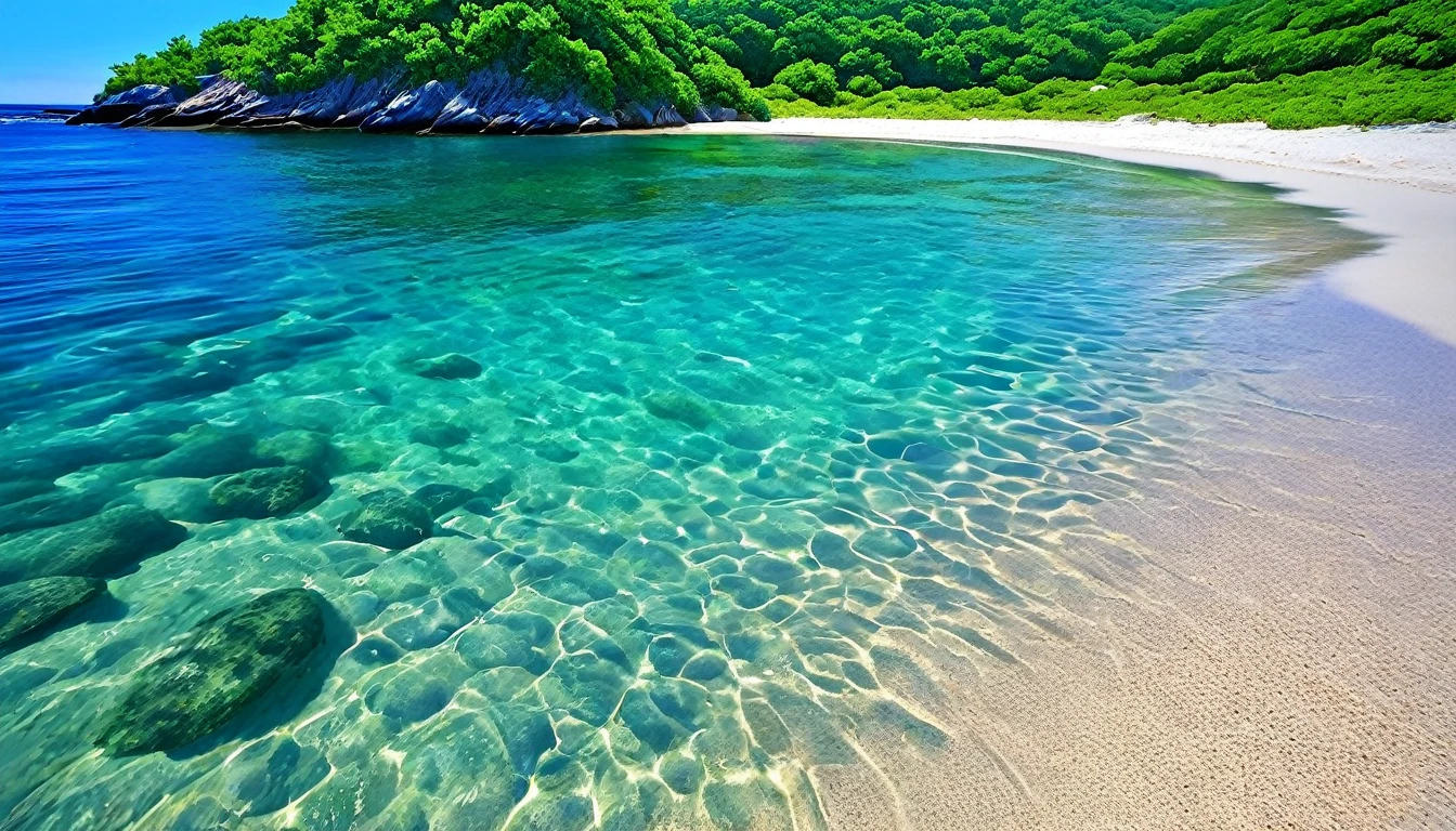 (best quality,highres:1.2),ultra-detailed,(realistic,photorealistic:1.37),jeweled beach,glassy blue gems,blue coast,colorful crab,lovely beach scene,rocky ridges,cove,beach vacation,natural beauty,serene atmosphere,crystal-clear water,soft sand,glistening sunlight,lush vegetation,seashells,refreshing breeze,saltwater scent,sandy dunes,gentle waves,coastal paradise,tropical paradise,secluded getaway,tranquil escape,vibrant colors,sparkling ocean,marine life exploration,sun-kissed paradise,shimmering reflections,fresh seafood,seaside relaxation,waterfront retreat,fascinating seascapes,unspoiled coastline,idyllic scenery,hidden treasure,beach exploration,hidden gem,captivating view,pristine environment,luxury beach destination,serenity