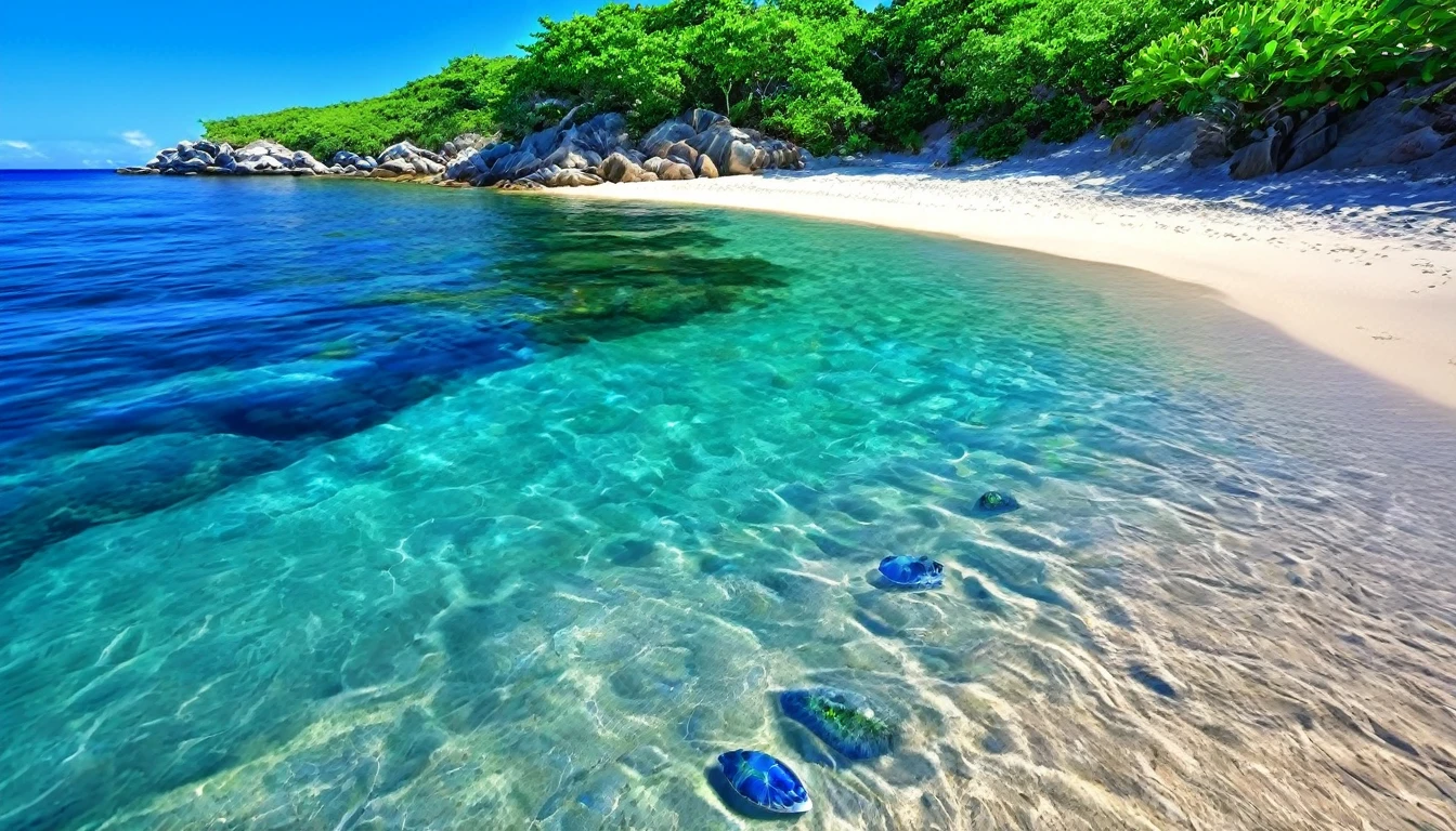 (best quality,highres:1.2),ultra-detailed,(realistic,photorealistic:1.37),jeweled beach,glassy blue gems,blue coast,colorful crab,lovely beach scene,rocky ridges,cove,beach vacation,natural beauty,serene atmosphere,crystal-clear water,soft sand,glistening sunlight,lush vegetation,seashells,refreshing breeze,saltwater scent,sandy dunes,gentle waves,coastal paradise,tropical paradise,secluded getaway,tranquil escape,vibrant colors,sparkling ocean,marine life exploration,sun-kissed paradise,shimmering reflections,fresh seafood,seaside relaxation,waterfront retreat,fascinating seascapes,unspoiled coastline,idyllic scenery,hidden treasure,beach exploration,hidden gem,captivating view,pristine environment,luxury beach destination,serenity
