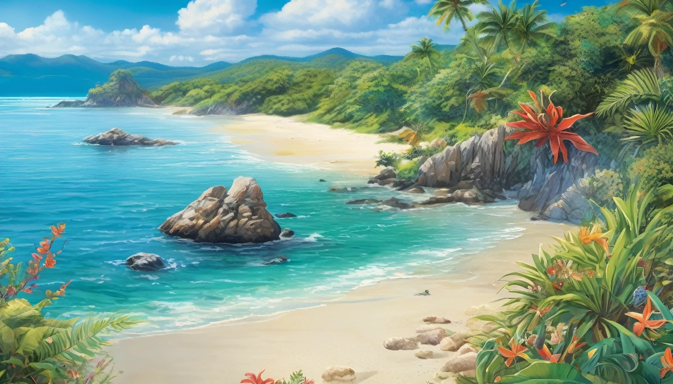 (best quality,highres:1.2),ultra-detailed,(realistic,photorealistic:1.37),jeweled beach,glassy blue gems,blue coast,colorful crab,lovely beach scene,rocky ridges,cove,beach vacation,natural beauty,serene atmosphere,crystal-clear water,soft sand,glistening sunlight,lush vegetation,seashells,refreshing breeze,saltwater scent,sandy dunes,gentle waves,coastal paradise,tropical paradise,secluded getaway,tranquil escape,vibrant colors,sparkling ocean,marine life exploration,sun-kissed paradise,shimmering reflections,fresh seafood,seaside relaxation,waterfront retreat,fascinating seascapes,unspoiled coastline,idyllic scenery,hidden treasure,beach exploration,hidden gem,captivating view,pristine environment,luxury beach destination,serenity