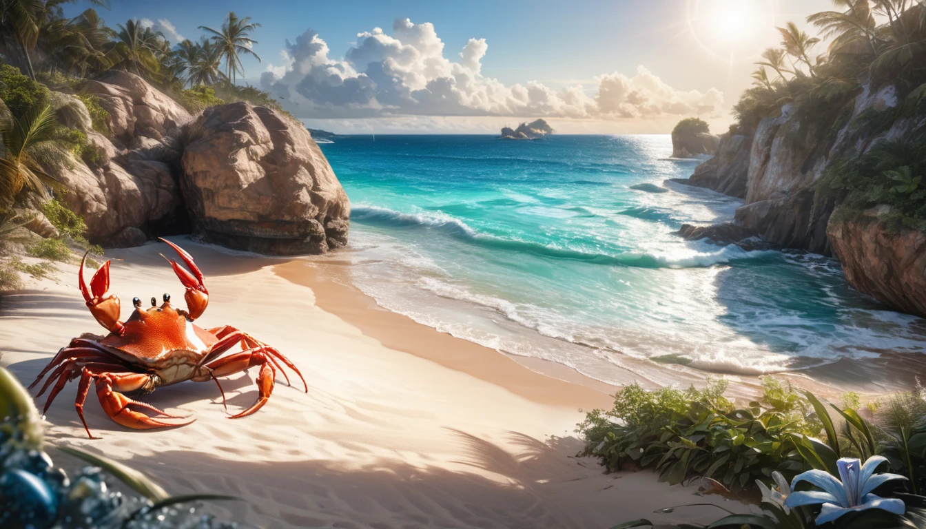 (best quality,highres:1.2),ultra-detailed,(realistic,photorealistic:1.37),jeweled beach,glassy blue gems,blue coast,colorful crab,lovely beach scene,rocky ridges,cove,beach vacation,natural beauty,serene atmosphere,crystal-clear water,soft sand,glistening sunlight,lush vegetation,seashells,refreshing breeze,saltwater scent,sandy dunes,gentle waves,coastal paradise,tropical paradise,secluded getaway,tranquil escape,vibrant colors,sparkling ocean,marine life exploration,sun-kissed paradise,shimmering reflections,fresh seafood,seaside relaxation,waterfront retreat,fascinating seascapes,unspoiled coastline,idyllic scenery,hidden treasure,beach exploration,hidden gem,captivating view,pristine environment,luxury beach destination,serenity
